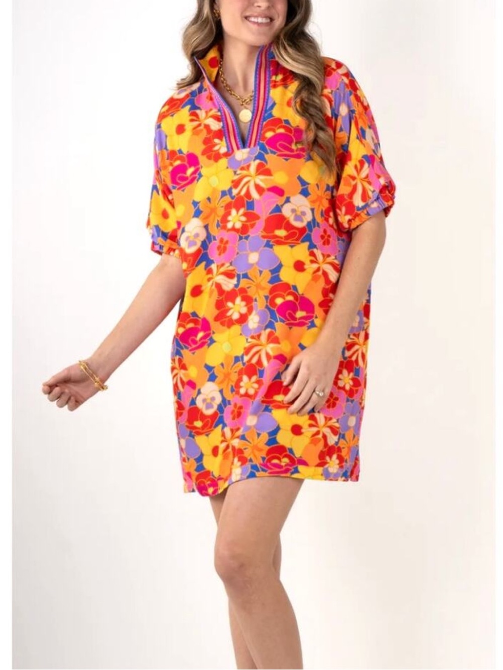 Floral V-Neck Shift Dress in Bright Multi